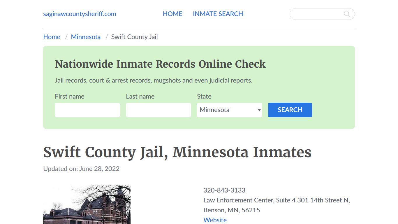 Swift County Jail, Minnesota Jail Roster